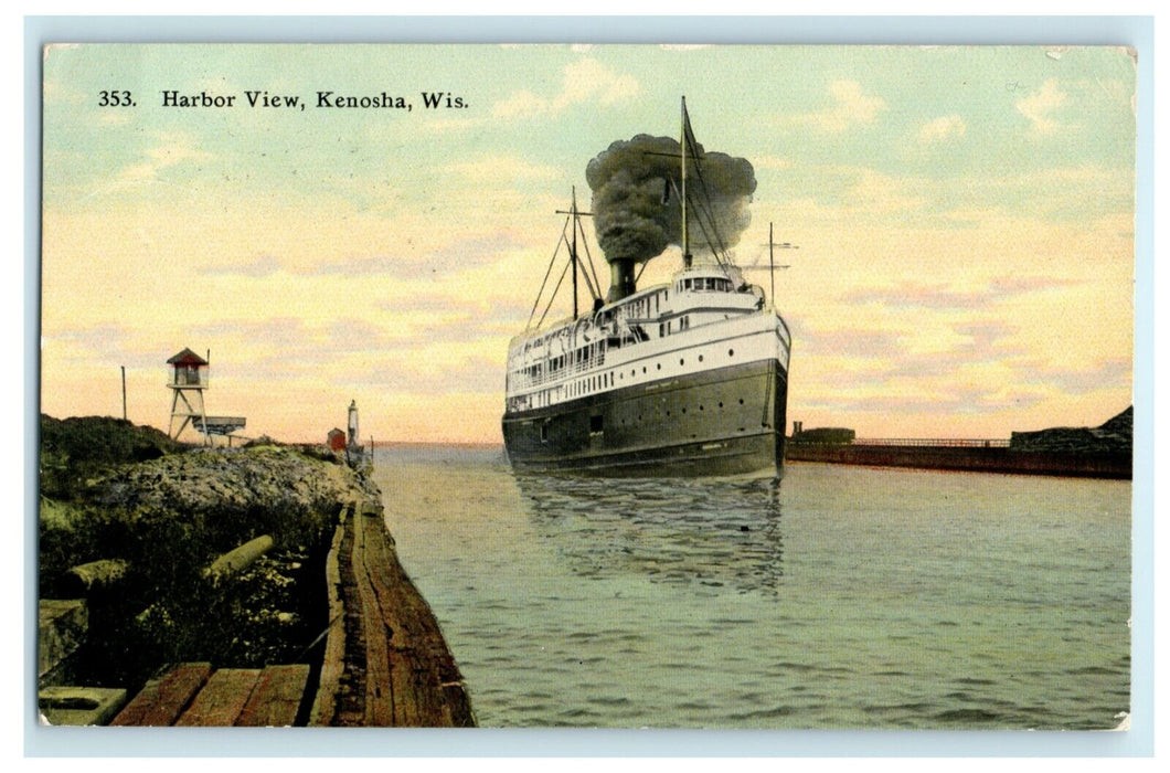 1911 Harbor View Kenosha Wisconsin WI Steamer Ship Posted Postcard