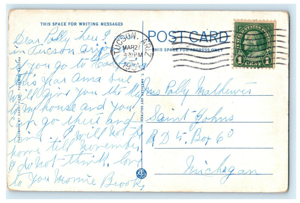 1931 Blossoms of the Giant Cactus (Sahuaro) Tuczon Arizona Vintage Postcard