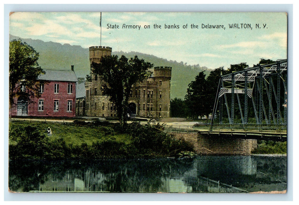 1913 State Armory on the Banks of Delaware Walton New York NY Postcard