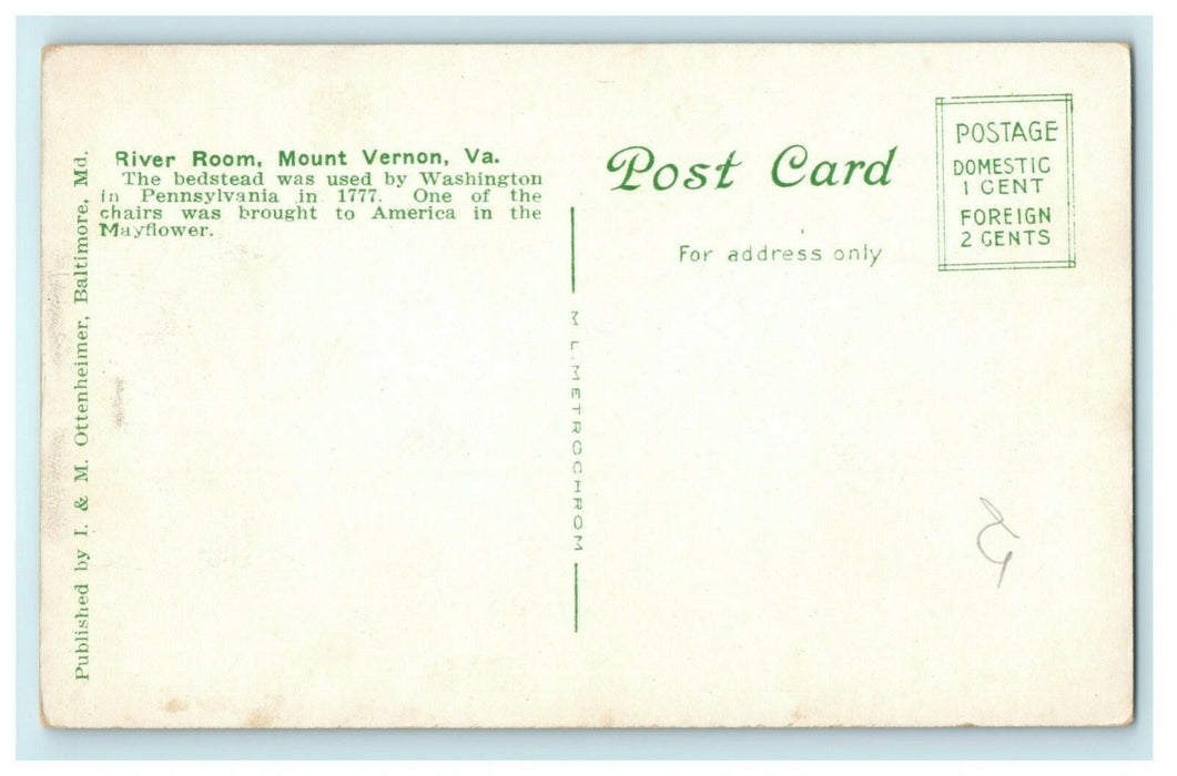 River Room Home of Washington Mt. Vernon Virginia Vintage Antique Postcard