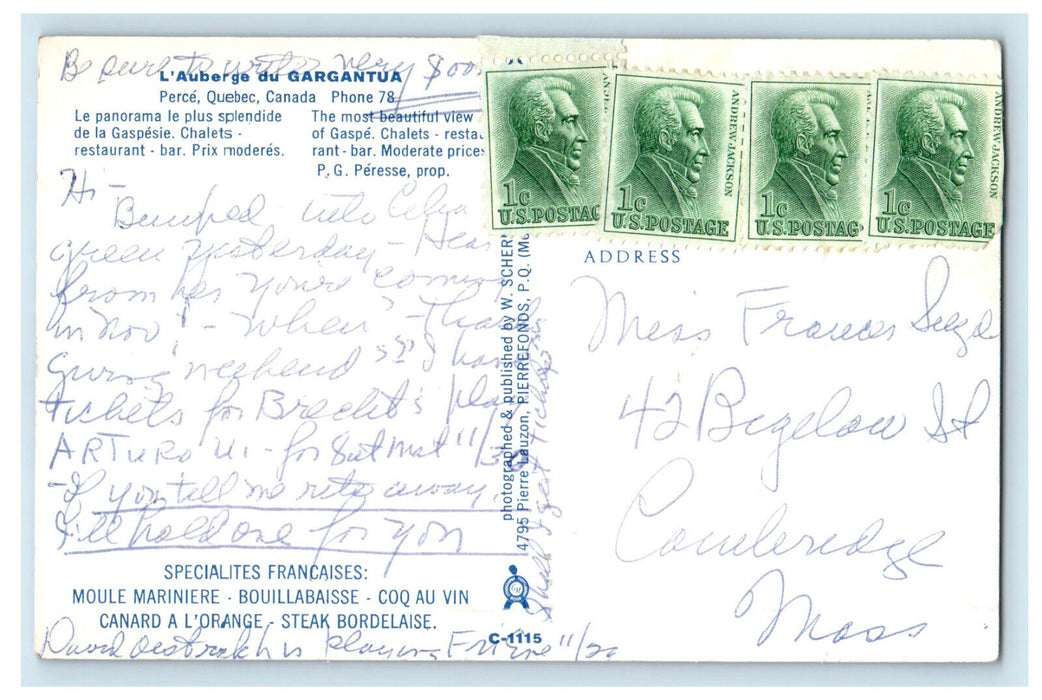 c1960s L'Auberge du Gargantua Perce Quebec Canada Posted Postcard