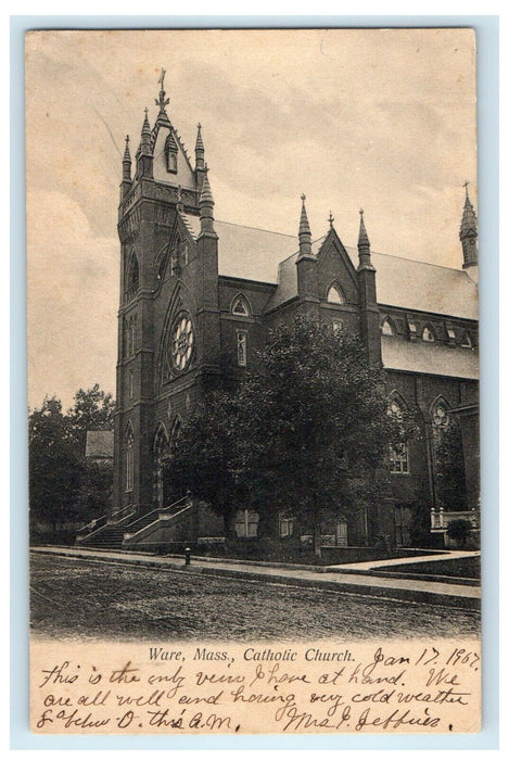 1907 Catholic Church Street Side View Ware Massachusetts MA Antique Postcard