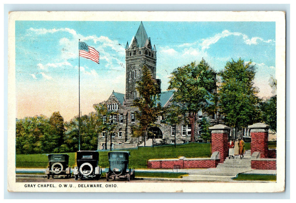 1926 Gray Chapel, O.W.U Delaware Ohio OH Flag Standing and Antique Cars Postcard