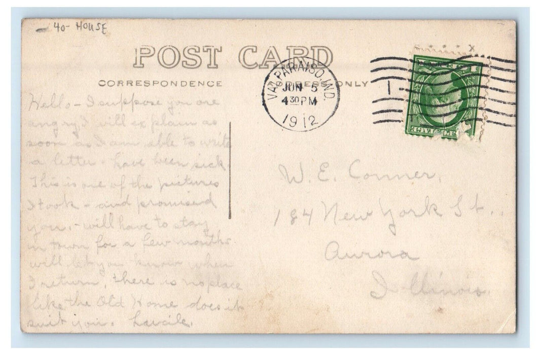 1912 View Of House Valparaiso Indiana IN RPPC Photo Posted Antique Postcard