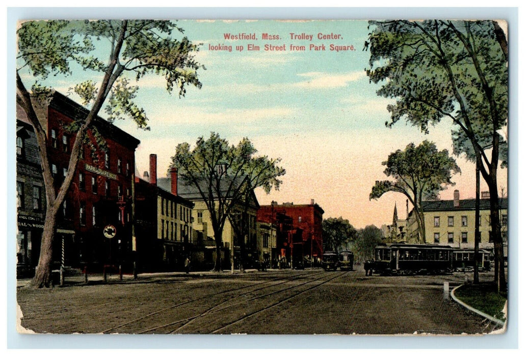 1910 Trolley Center Looking Elm St. Westfield Massachusetts MA Antique Postcard
