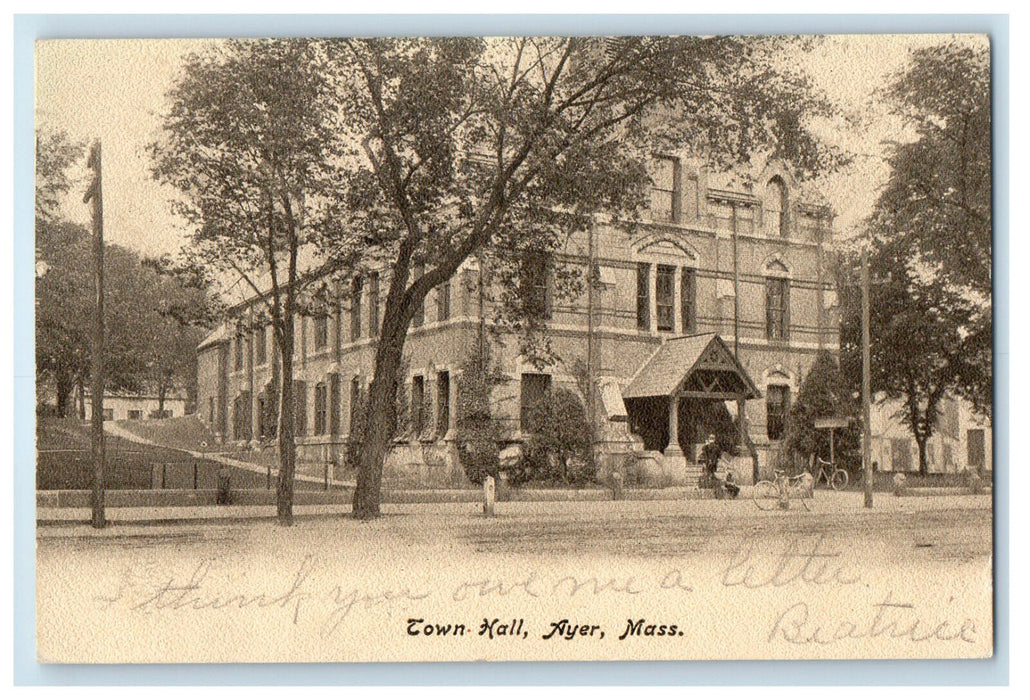 1906 Town Hall, Ayer Massachusetts MA Posted Antique Cancel Postcard