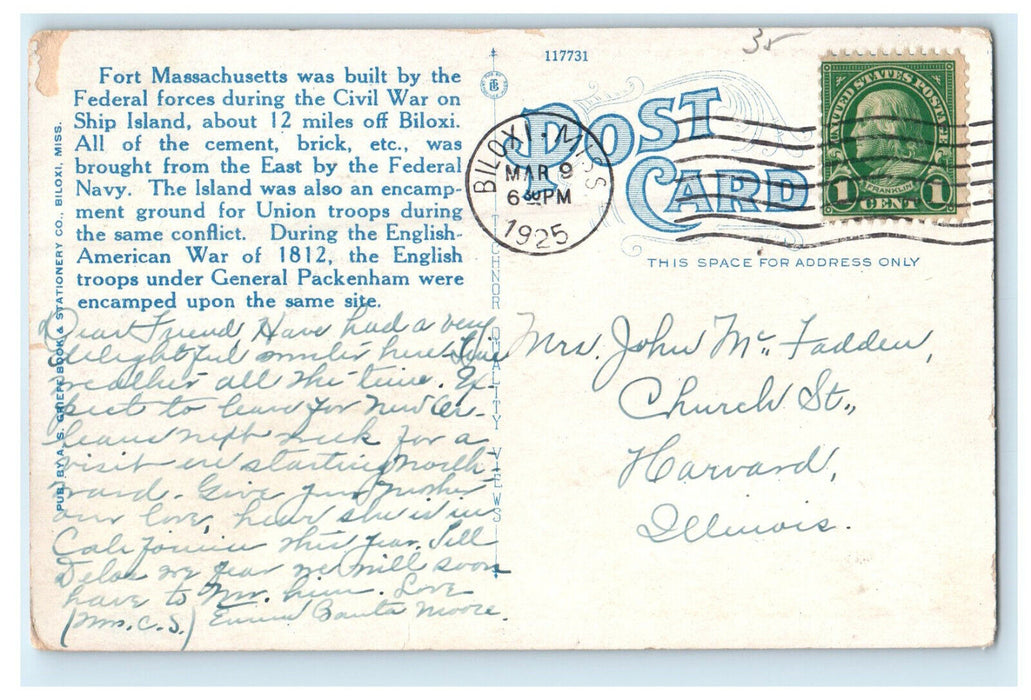 1925 Fort Massachusetts on Ship Island at Biloxi Mississippi MS Postcard