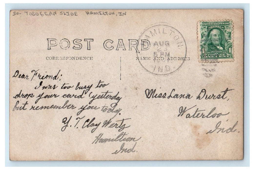 1907 Tobbogan Slide On The Shoots Hamilton Indiana IN RPPC Photo Postcard