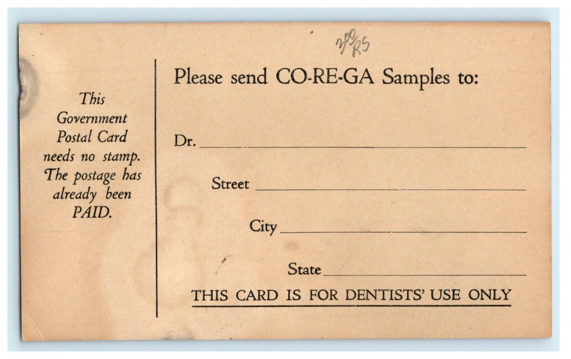 c1910 Corega Chemical Co. Advertising Cleveland Ohio OH Dentist Samples Postcard