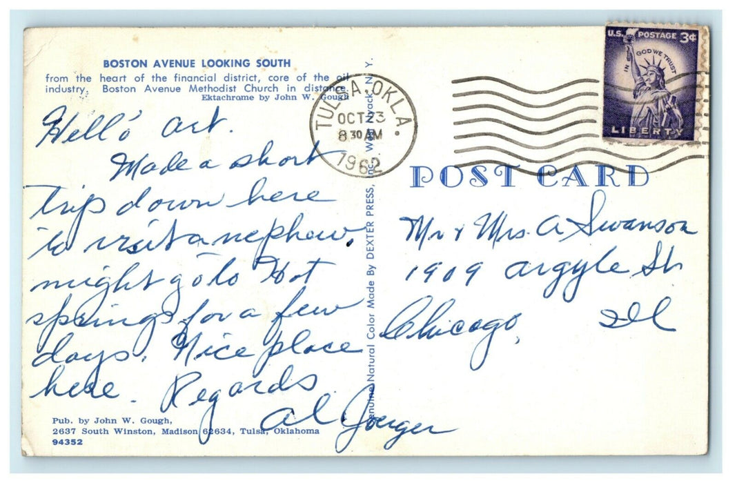 1962 Boston Avenue Looking South Tulsa Oklahoma Vintage Posted Postcard