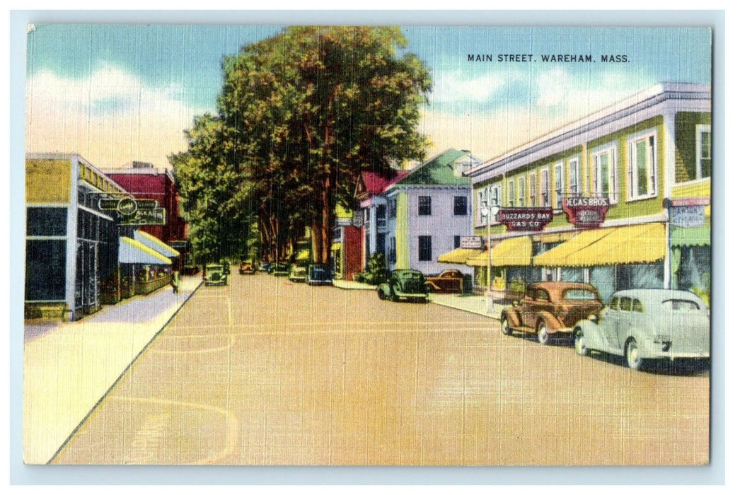 1939 View Of Main Street Business Center Cars Wareham Massachusetts MA Postcard