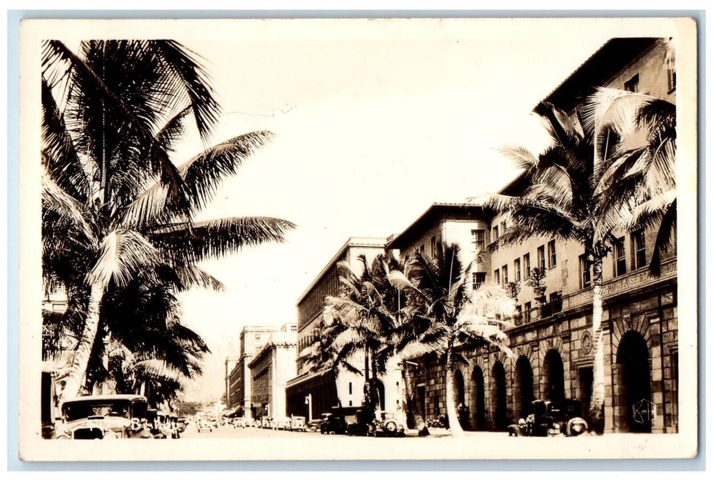 c1940's Bishop Street Palm Trees Cars Honolulu Hawaii HI  RPPC Photo Postcard