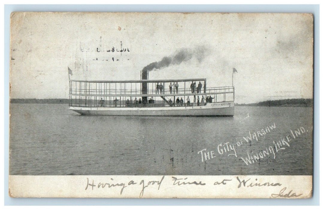 1907 The City Of Warsaw Steamer Boat Winona Lake Indiana IN Antique Postcard