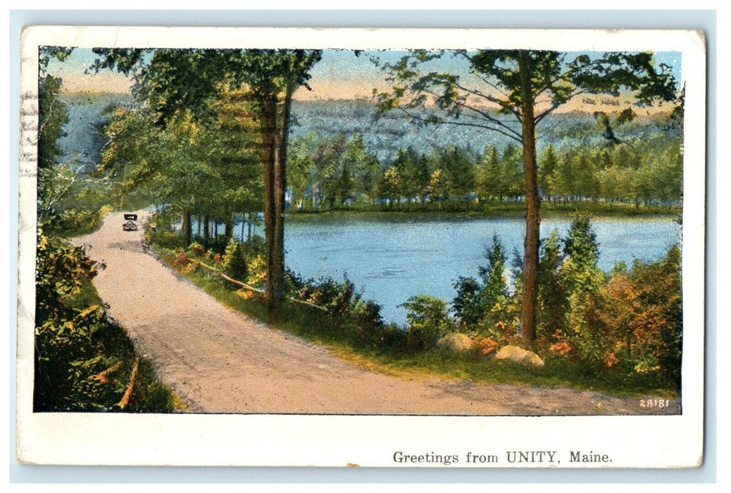 1931 Greetings from Unity Maine ME Vintage Car Moving, Posted Postcard