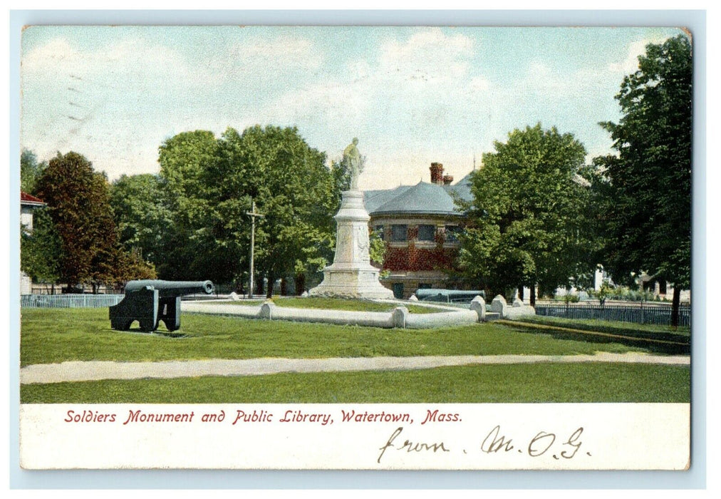 1907 Soldier Monument And Public Library Watertown Massachusetts MA Postcard
