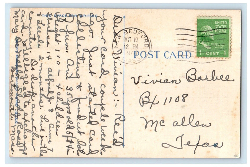 1944 Greetings From Dartmouth Massachusetts MA, Road Cars Vintage Postcard