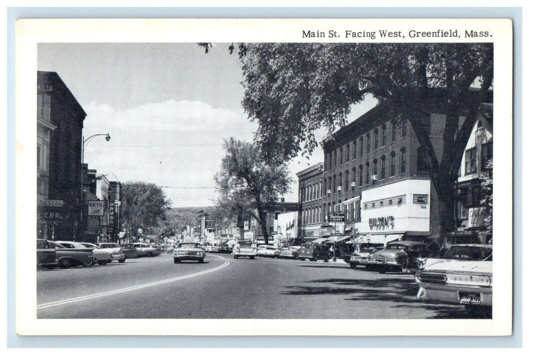 View Of Main Street Facing West Cars Greenfield Massachusetts MA Postcard