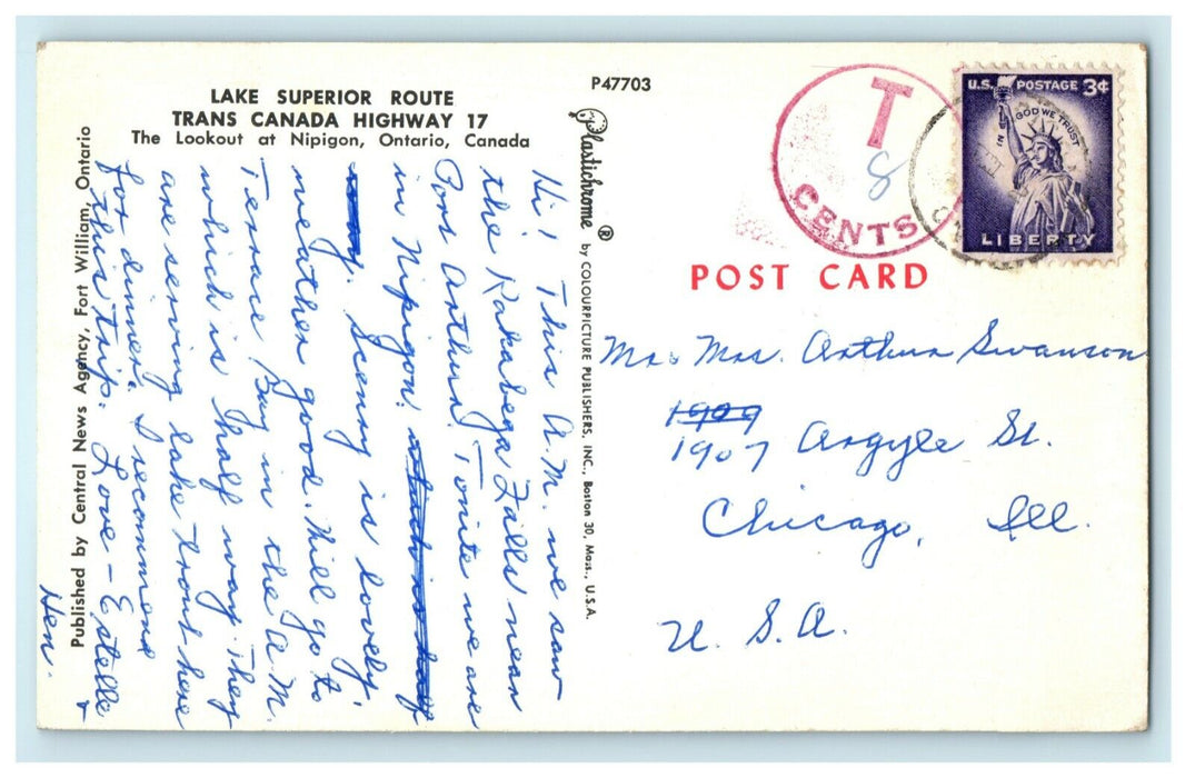 c1960's Lake Superior Route Trans Canada Highway 17 Ontario Nipigon Postcard