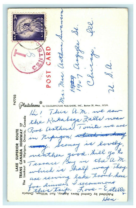 c1960's Lake Superior Route Trans Canada Highway 17 Ontario Nipigon Postcard