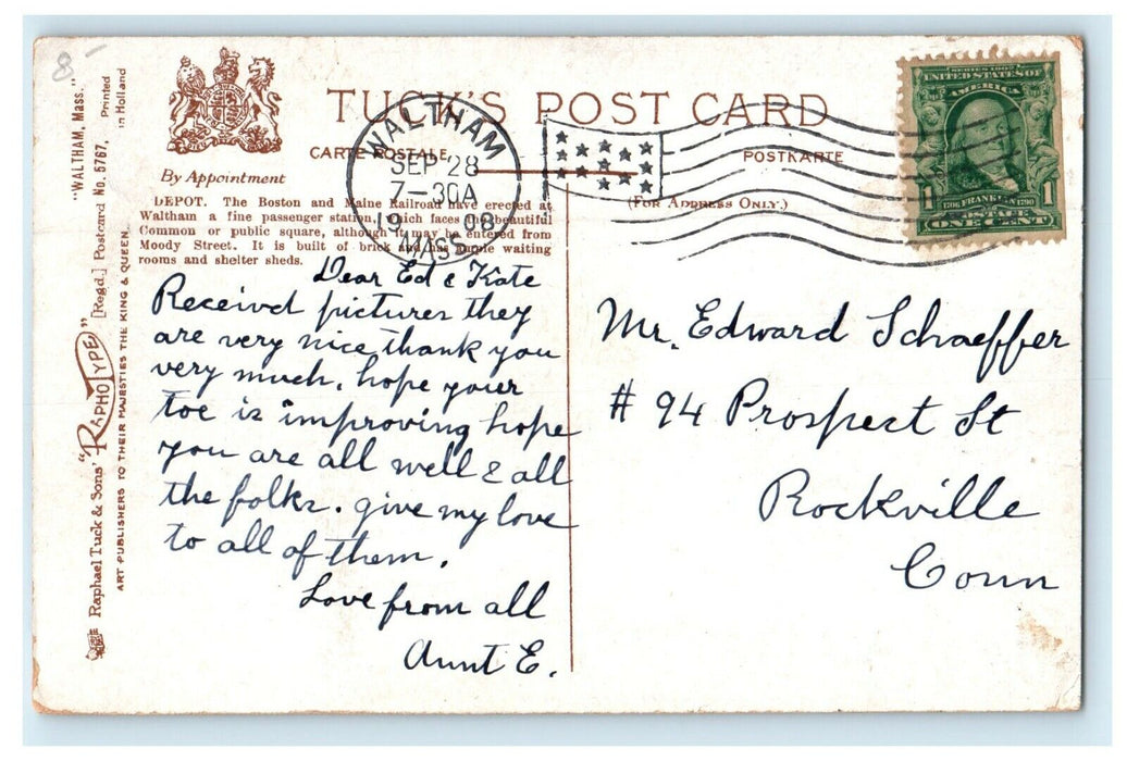 1908 Waltham Massachusetts MA, Depot Boston And Maine Railroad Tuck's Postcard