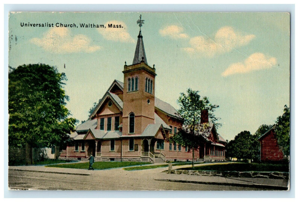 1910 Universalist Church Street View Waltham Massachusetts MA Antique Postcard