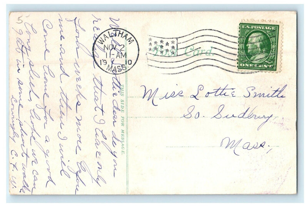 1910 Universalist Church Street View Waltham Massachusetts MA Antique Postcard