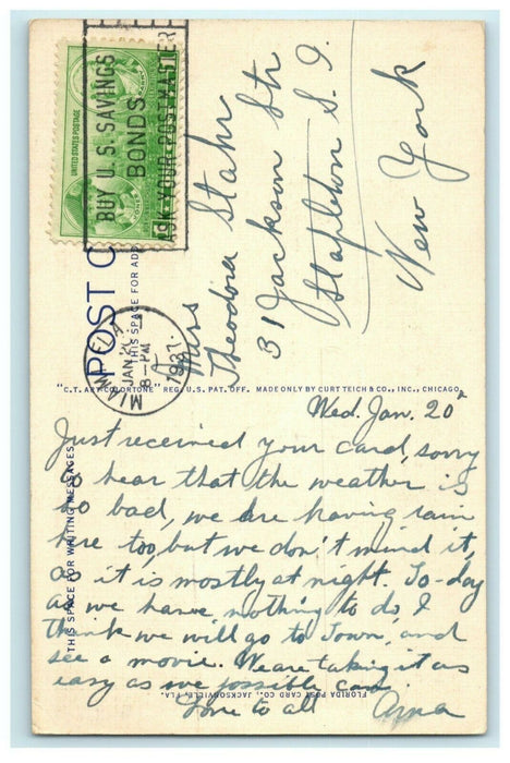 Picking Oranges in Florida Men Ladders Boxes Linen 1937 Postcard