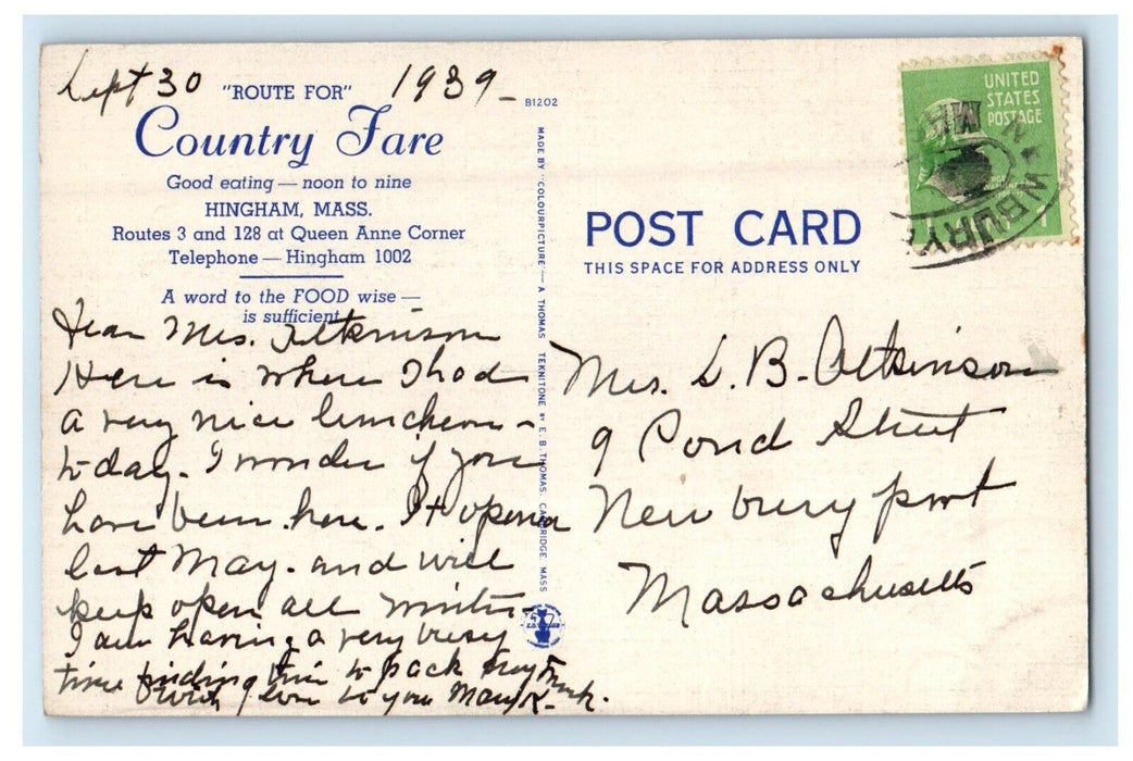 1939 Country Fare Hingham Massachusetts MA Posted Vintage Postcard