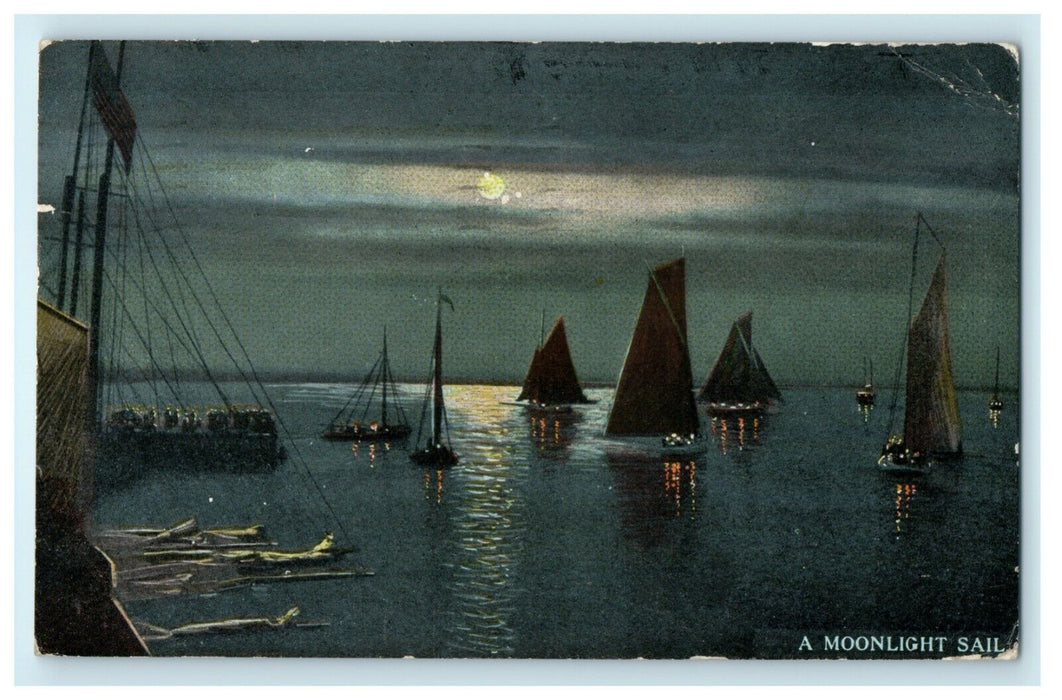 1912 Moonlight Sailboats Atlantic City New Jersey NJ Posted Antique Postcard