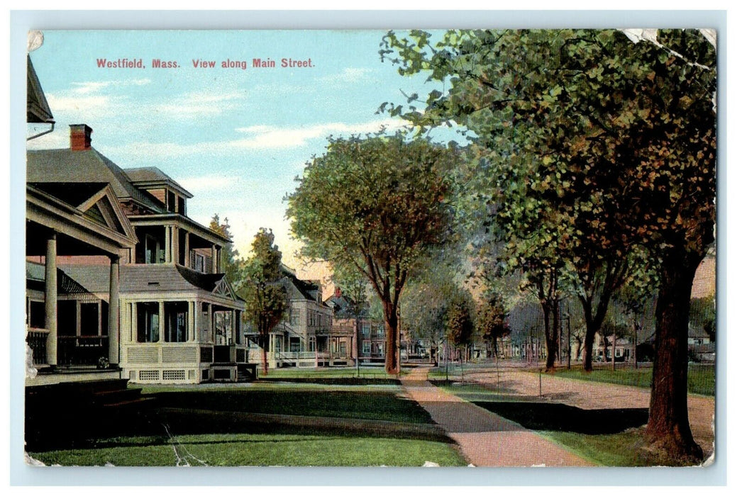 1910 View along Main Street, Westfield Massachusetts MA Antique Postcard