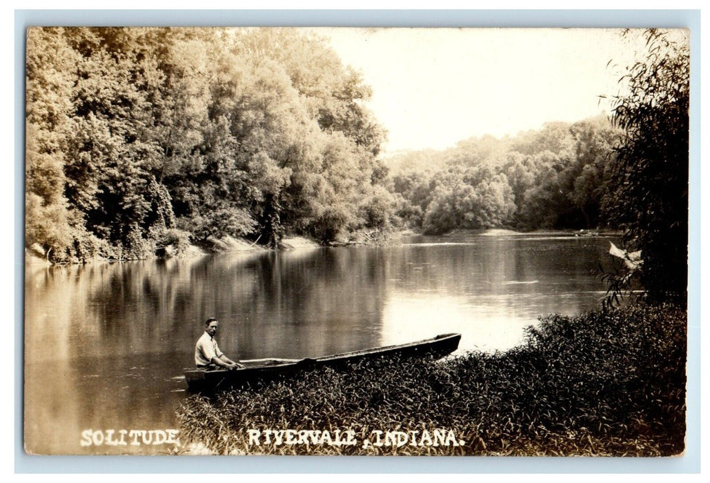 Solitude Man In Boat Riverdale Indiana IN RPPC Photo Unposted Vintage Postcard