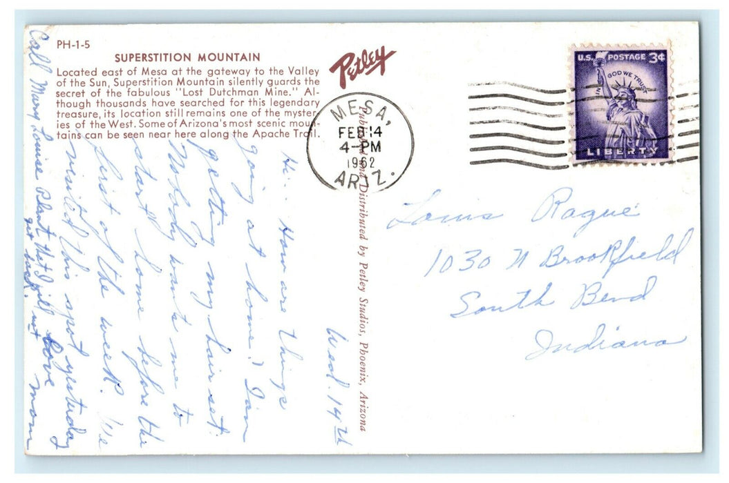 1962 Superstition Mountain Mesa Arizona AZ Cactus South Bend Indiana IN Postcard
