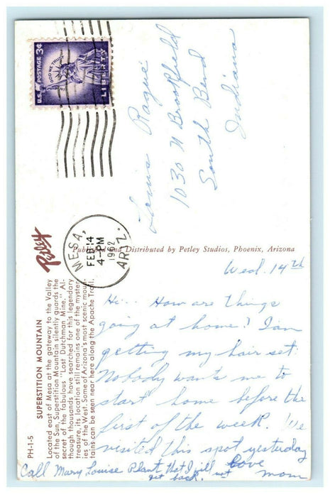 1962 Superstition Mountain Mesa Arizona AZ Cactus South Bend Indiana IN Postcard