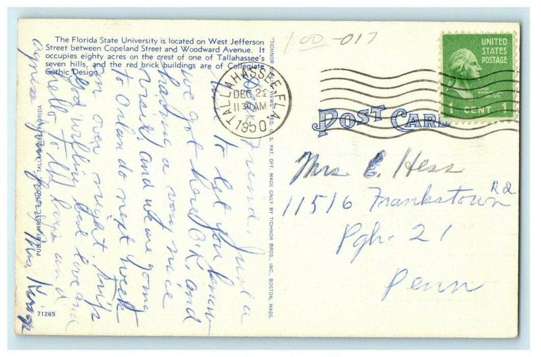 Main Entrance Administration Building Florida State University 1950 Postcard