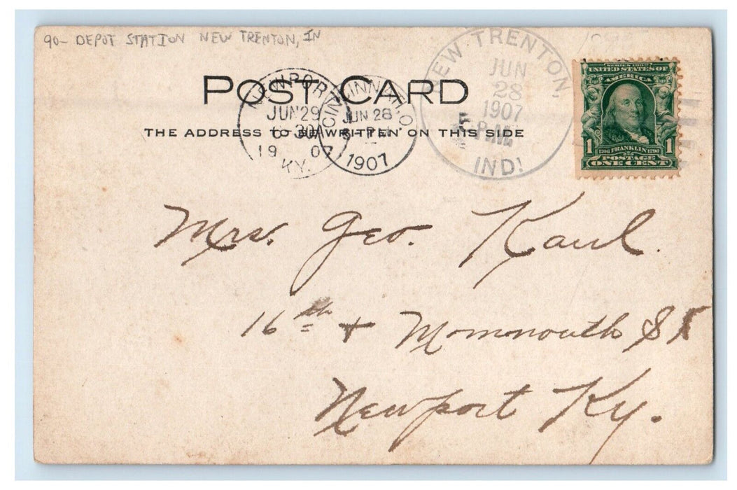 1907 Station Depot New Trenton Indiana IN RPPC Photo Posted Antique Postcard