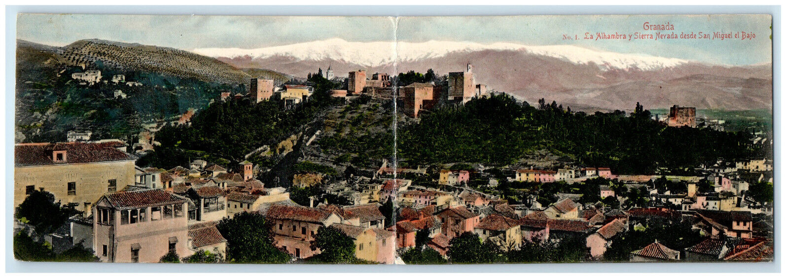 c1910 Panoramic View Alhambra & Sierra Nevada El Bajo Granada Spain Postcard
