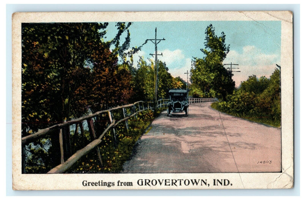 1926 Greetings From Grovertown Indiana IN Posted Antique Car Postcard