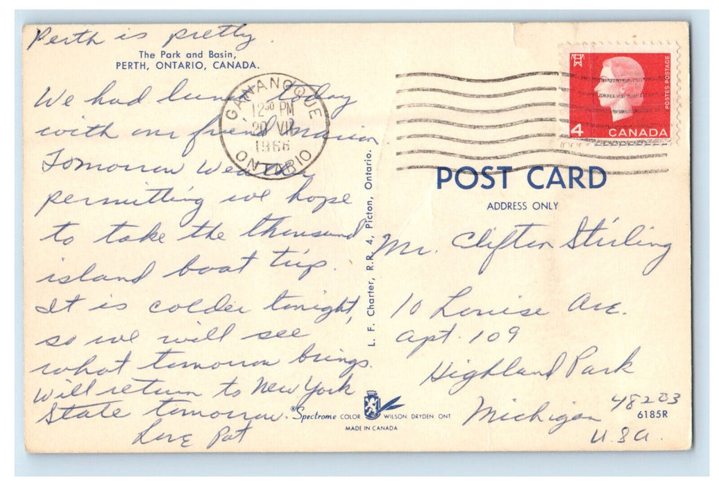 1966 The Park and Basin Perth Ontario Canada Vintage Posted Postcard