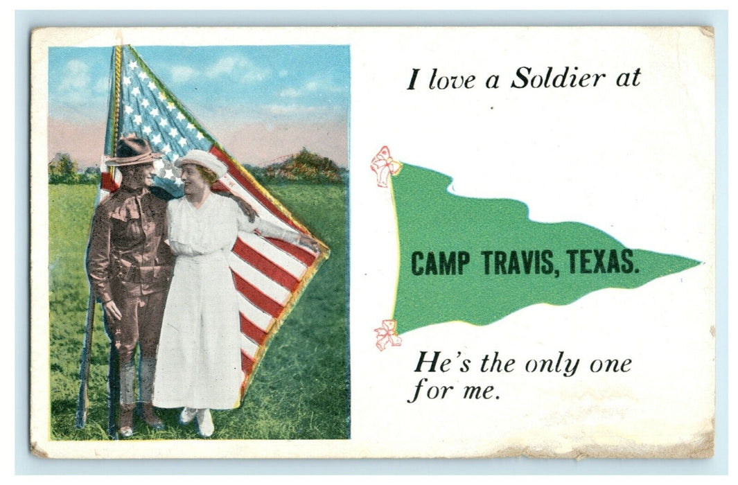 c1915 Greetings Camp Travis Texas TX Banner Military Flag Advertising Postcard