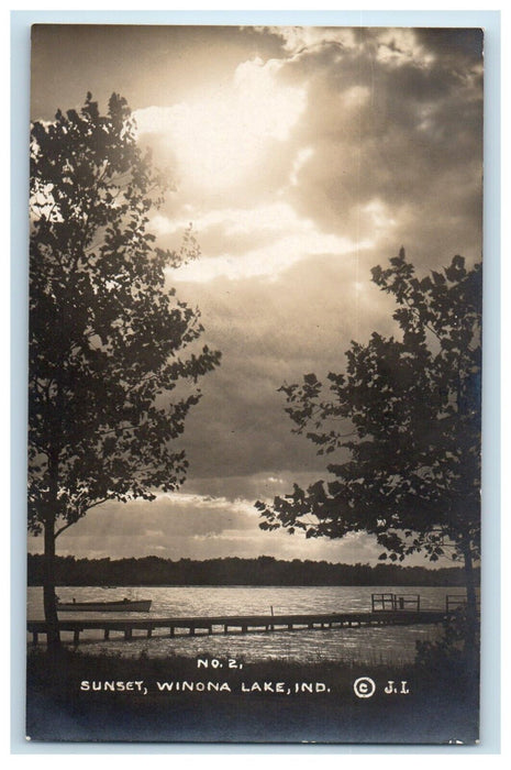 c1910's View Of Sunset Boat Winona Lake Indiana IN RPPC Photo Unposted Postcard