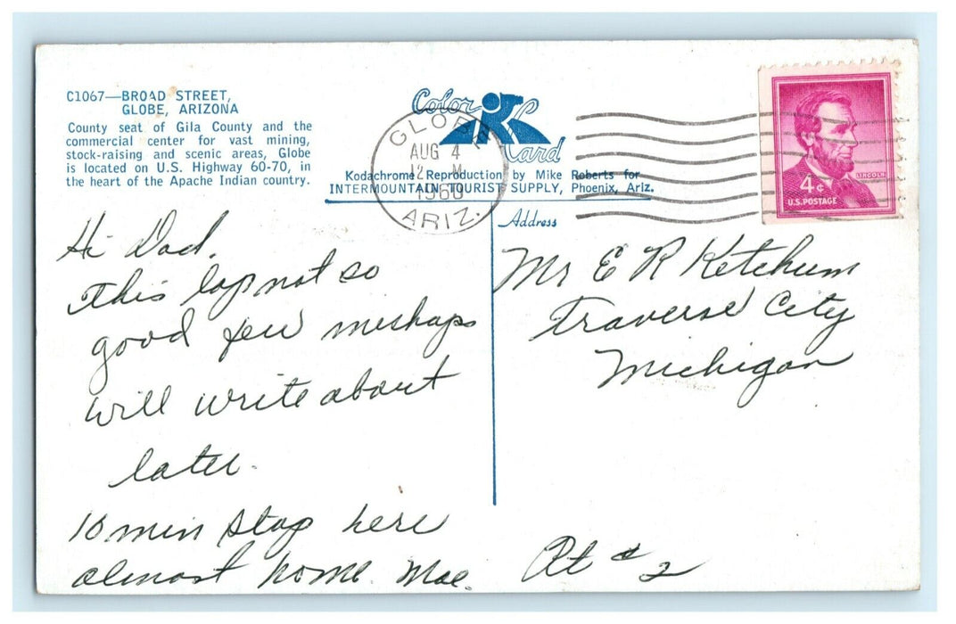 1960 Broad Street Globe Arizona AZ Posted Vintage Classic Cars Postcard