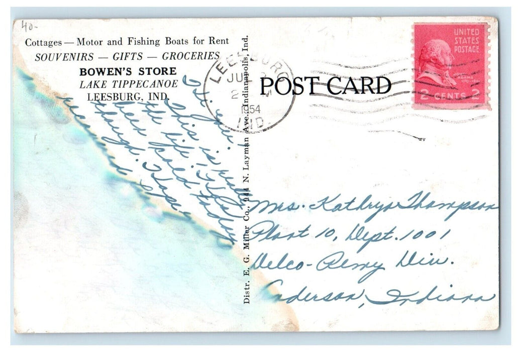 1954 Bowne's Store Lake Boat Tippecanoe Leesburg Indiana IN Antique Postcard