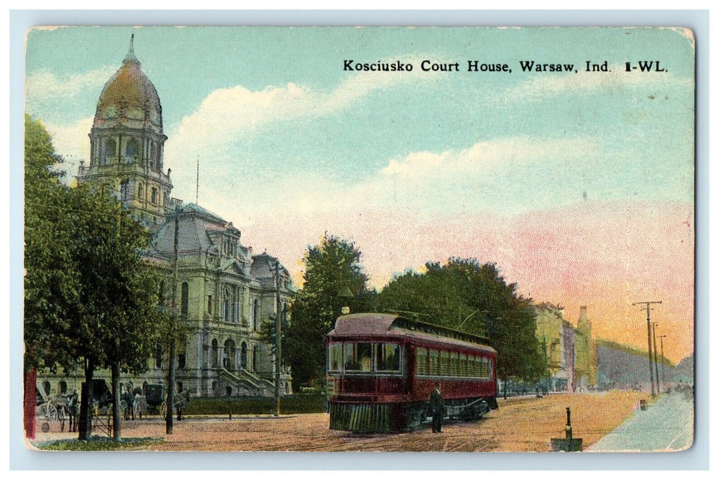 c1910's Kosciusko Court House Trolley Warsaw Indiana IN Antique Postcard