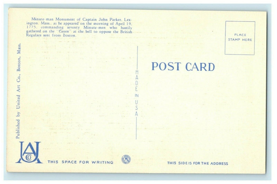 Statue of Captain Parker Lexington Massachusetts Vintage Postcard