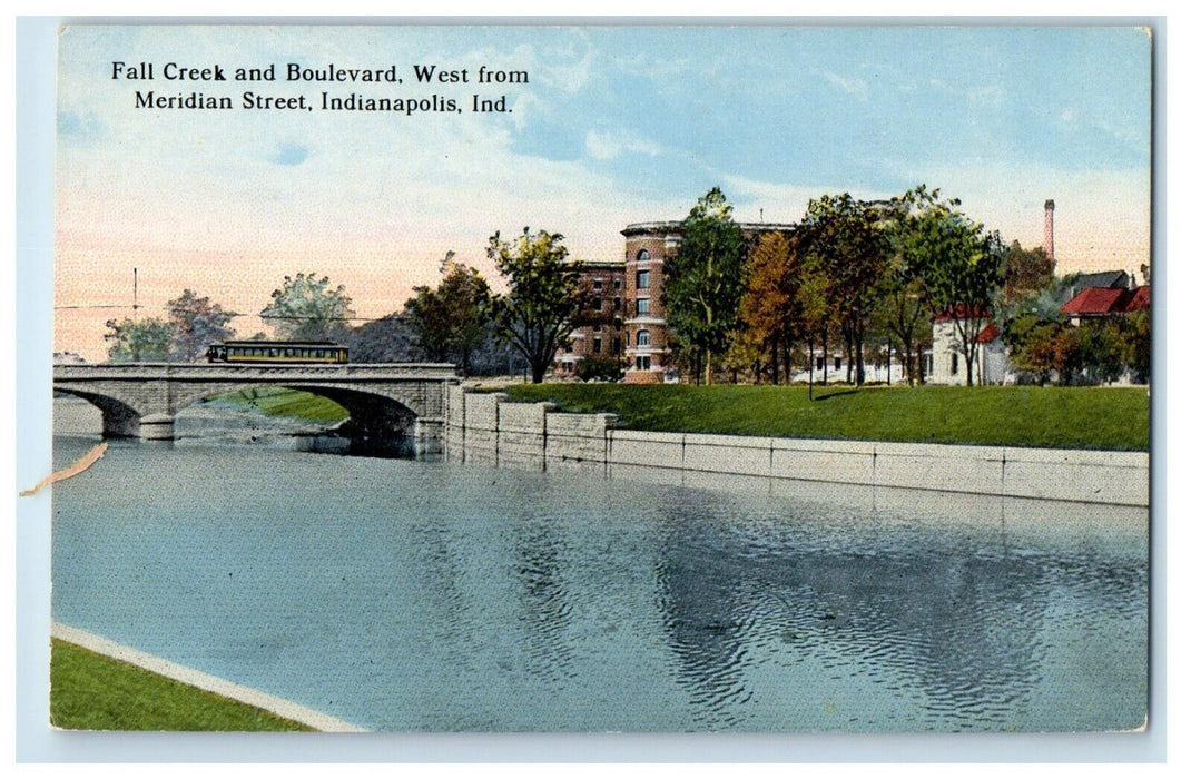 c1910's Fall Creek Boulevard West Meridian Street Train Indianapolis IN Postcard