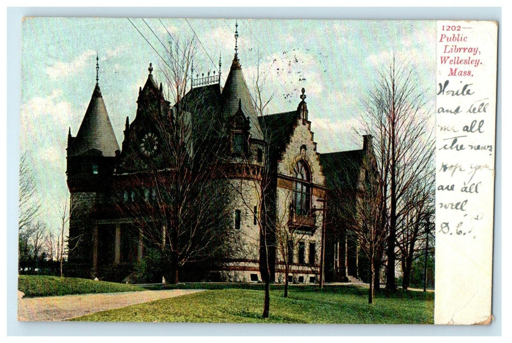 1908 Public Library, Wellesley, Massachusetts MA Antique Cancel Postcard