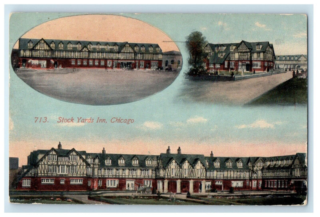 1914 Stock Yards Inn Building Chicago Illinois IL, Multiview Antique Postcard