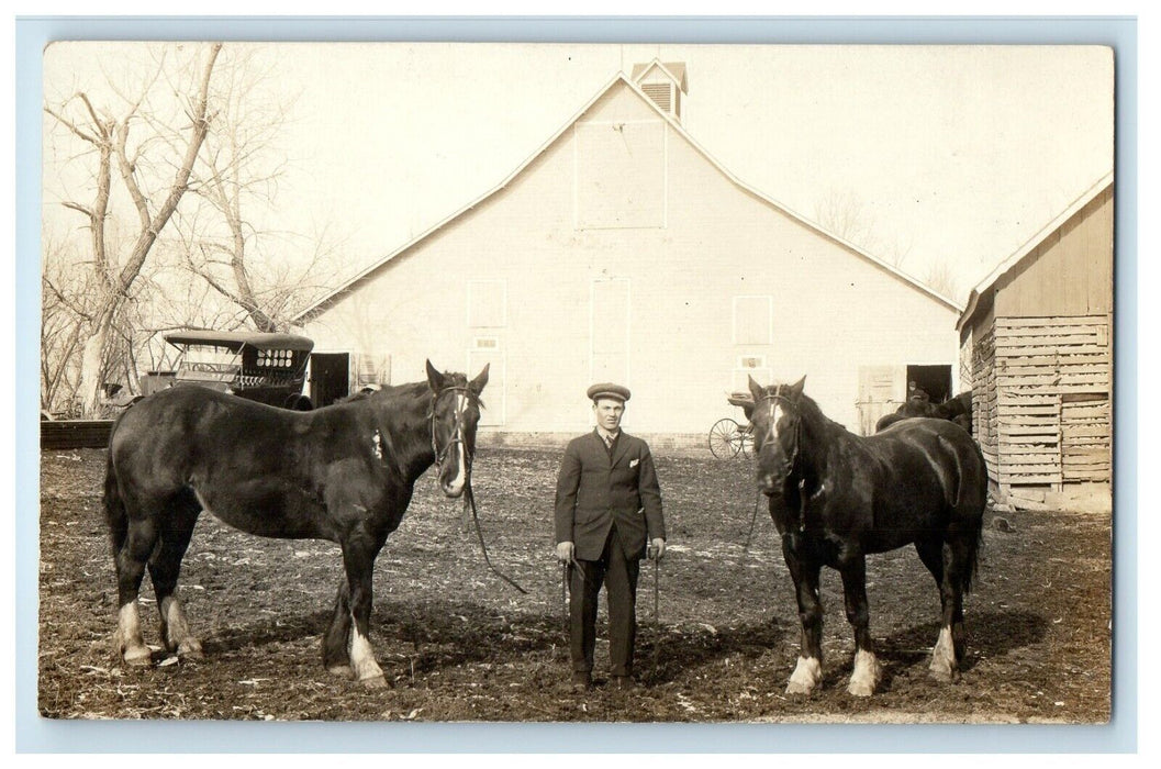 c1910's Barn Stables Horses Freemont Indiana IN RPPC Photo Unposted Postcard
