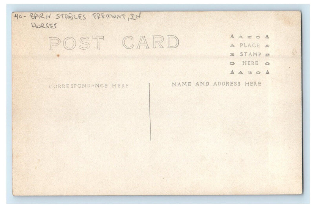 c1910's Barn Stables Horses Freemont Indiana IN RPPC Photo Unposted Postcard