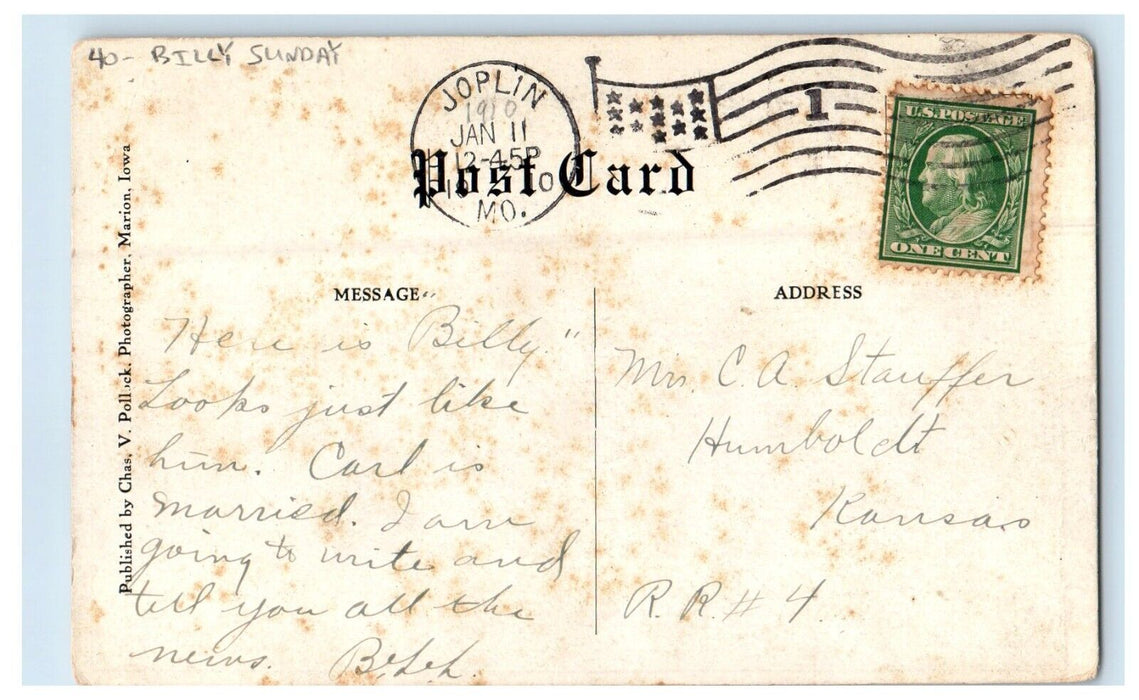 1910 Billy Sunday Studio Portrait Joplin Indiana IN Posted Antique Postcard